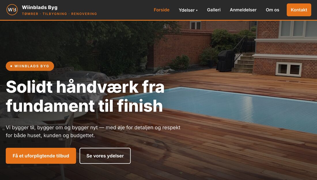 Wiinblads Bygs hjemmeside med tilbudsberegner og sagsstyring